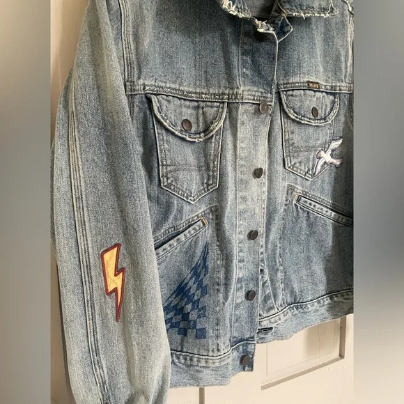 Hollister Light Medium Blue Denim Jacket Relaxed Fit Embroidered Customized Cute - Picture 7 of 10